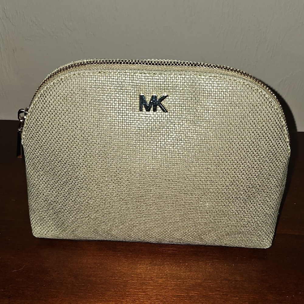 Michael Kors Large Gold/acorn Canvas Travel Pouch/Clutch/Cosmetic Bag